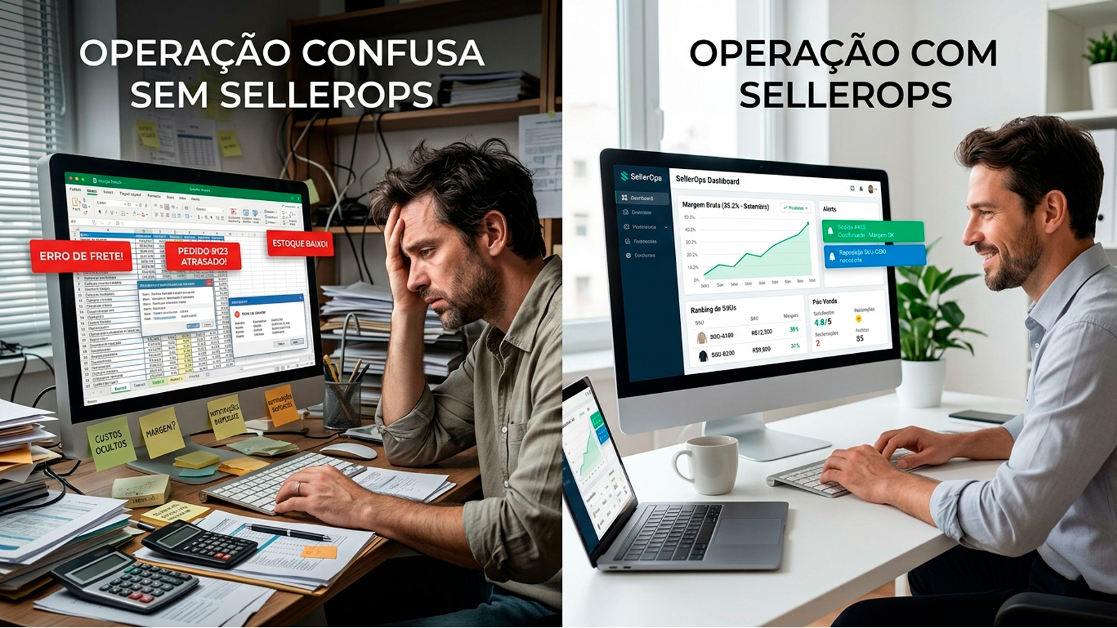 Comparativo visual entre operação desorganizada e visão operacional estruturada para seller